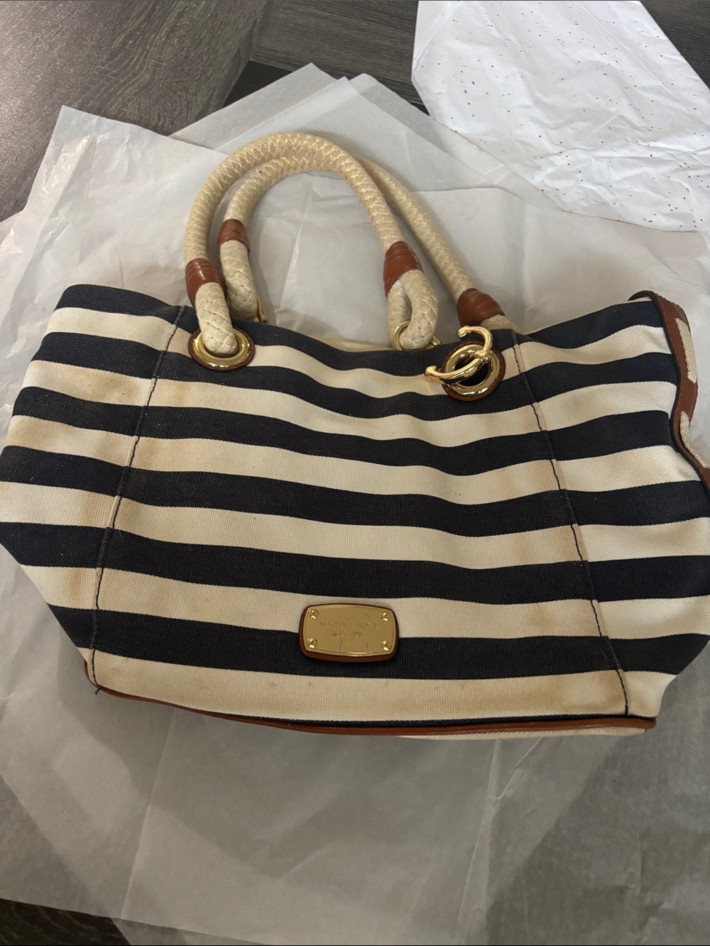 🌊 Michael Kors Navy Blue White Stripe Rope Handle Bag Tote